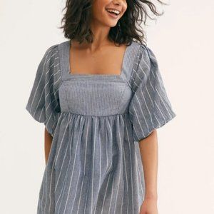 Free People Linen Puff Sleeve Tunic Top Blue Striped Blouse Maternity Babydoll S